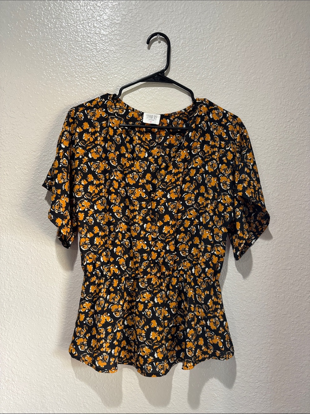 Sienna Sky Black Floral Peplum Blouse with Mustard Accents Sz M Flowy Chic